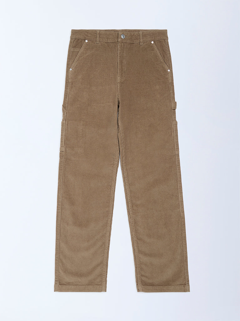 Boys Taupe Relaxed-Fit Mid-Rise Cotton-Blend Trousers