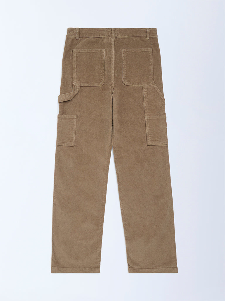 Boys Taupe Relaxed-Fit Mid-Rise Cotton-Blend Trousers