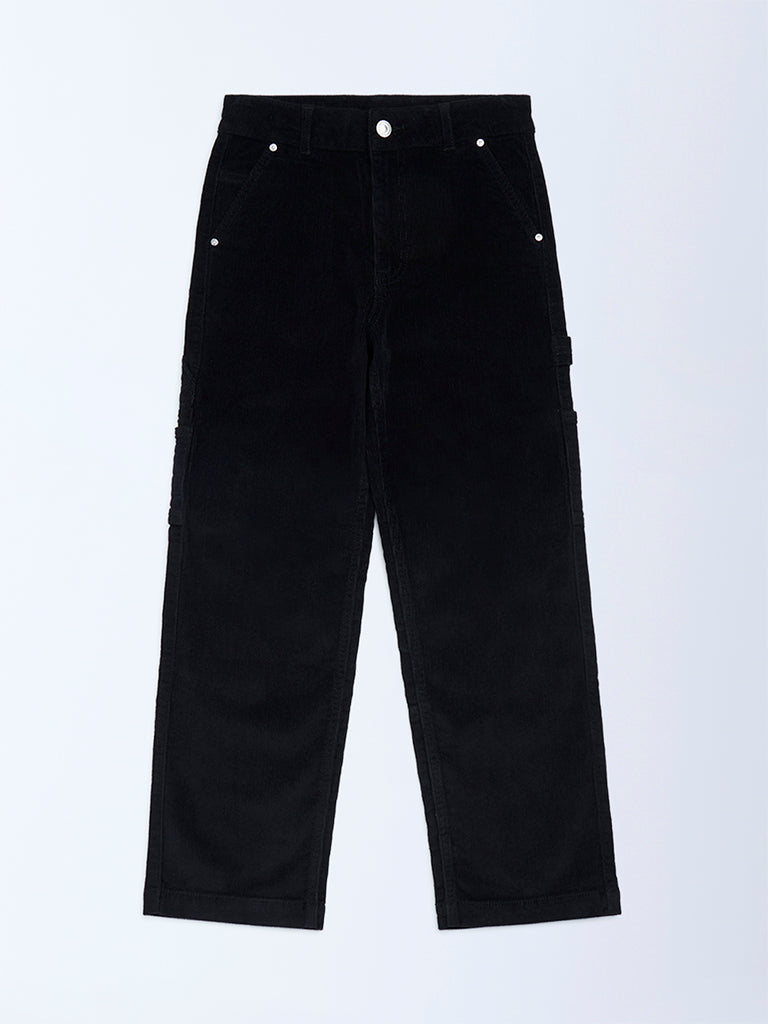 Boys Black Relaxed-Fit Mid-Rise Corduroy Trousers