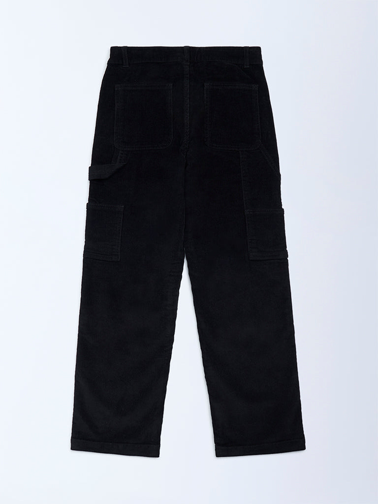Boys Black Relaxed-Fit Mid-Rise Corduroy Trousers