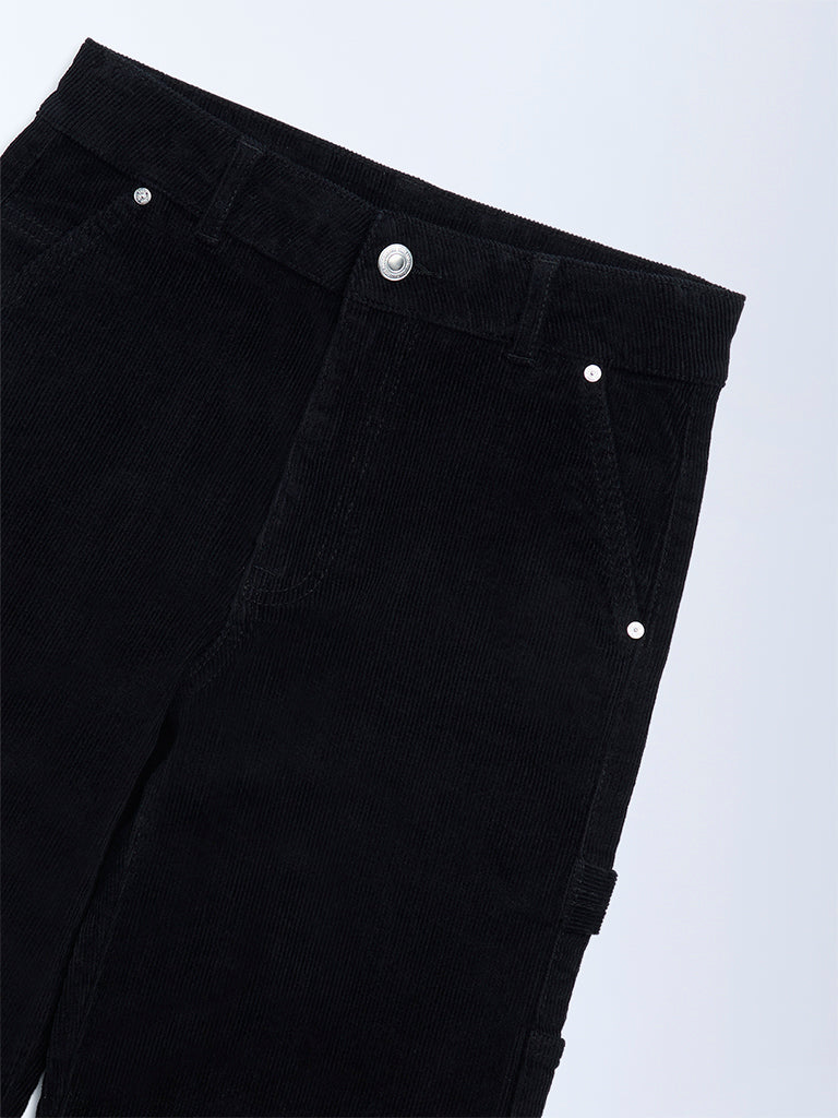 Boys Black Relaxed-Fit Mid-Rise Corduroy Trousers