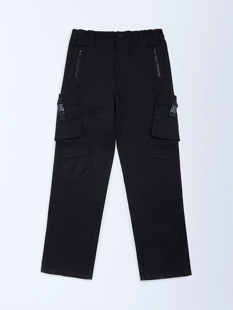 Boys Black Cargo-Style Mid-Rise Cotton-Blend Trousers