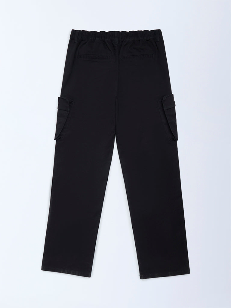 Boys Black Cargo-Style Mid-Rise Cotton-Blend Trousers