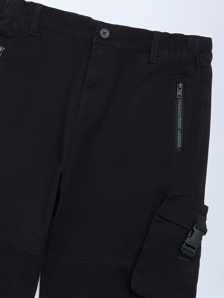 Boys Black Cargo-Style Mid-Rise Cotton-Blend Trousers