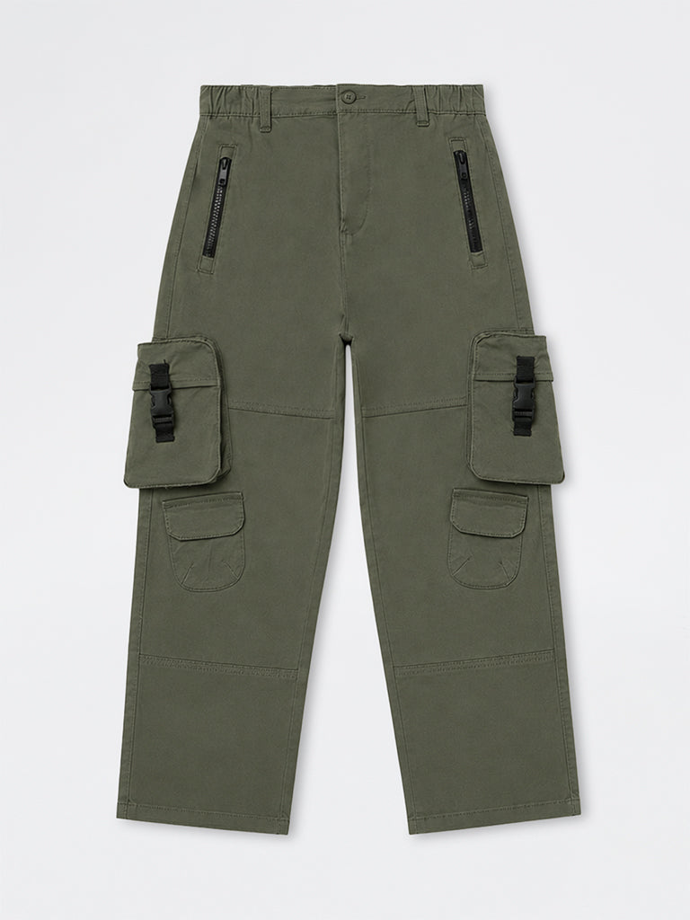 Boys Olive Mid-Rise Cotton-Blend Cargo Pants