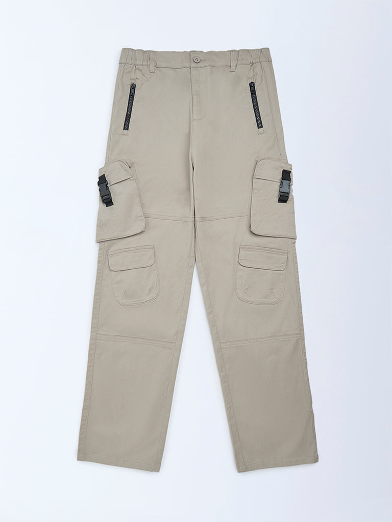 Boys Beige Cargo-Style Mid-Rise Cotton-Blend Trousers