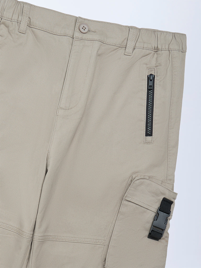 Boys Beige Cargo-Style Mid-Rise Cotton-Blend Trousers