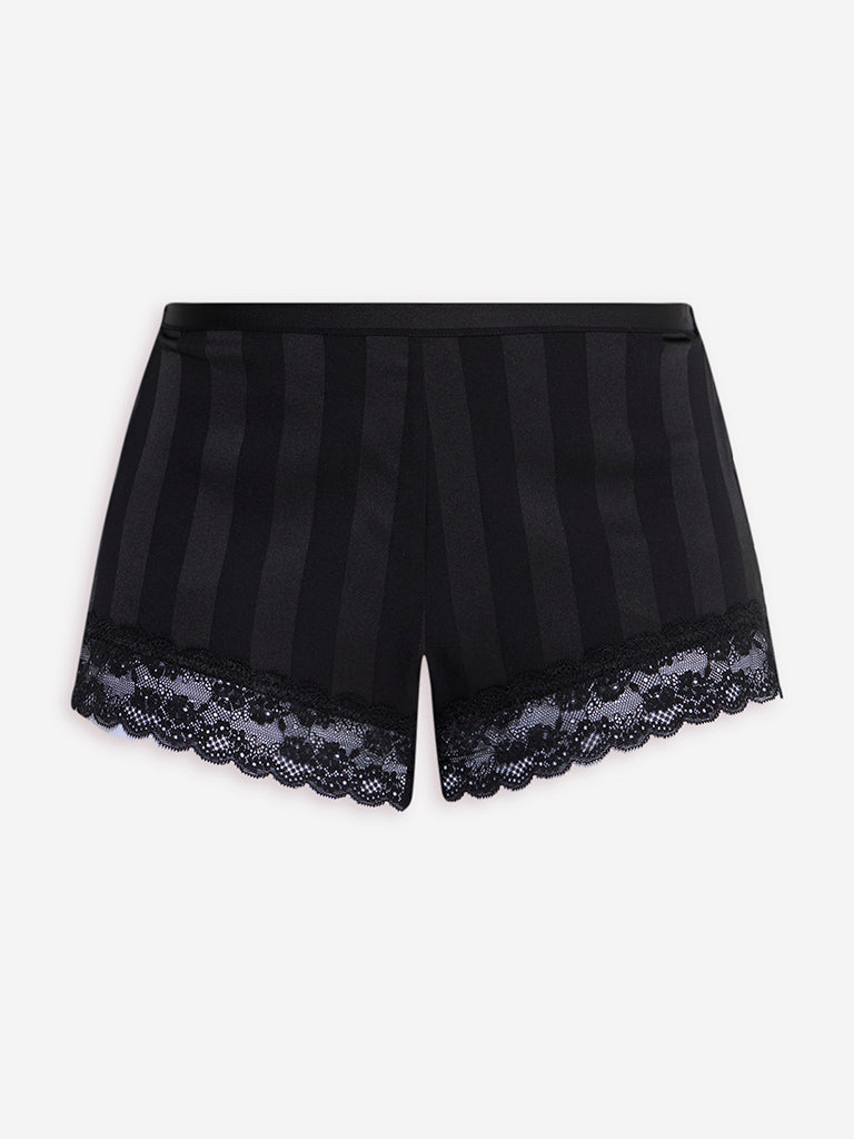 Westside Wunderlove Women's Black Lace-Detailed High-Rise Satin Shorts for Casual Wear Flatly View