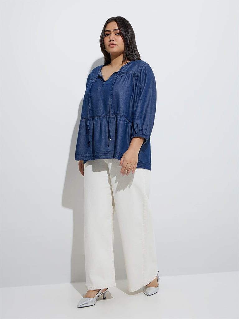 Westside Gia Women's Dark Blue Denim Peplum Top for Casual Wear Full Model View