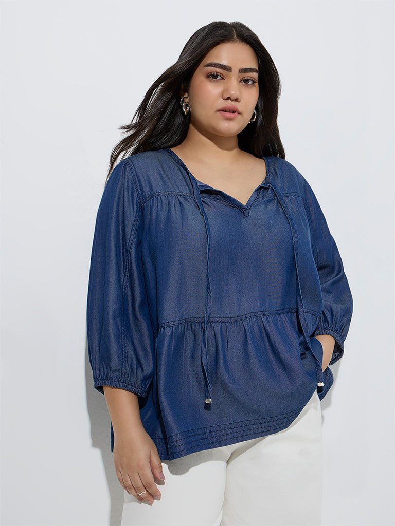 Westside Gia Women's Dark Blue Denim Peplum Top for Casual Wear Front View