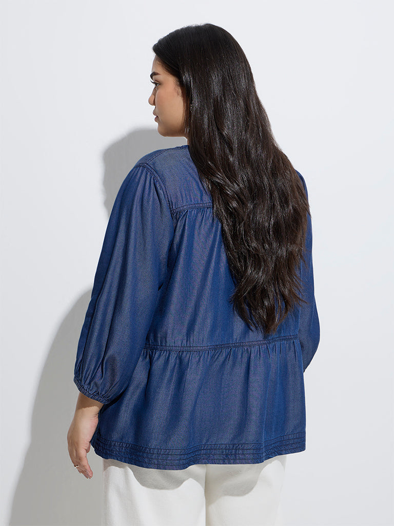 Westside Gia Women's Dark Blue Denim Peplum Top for Casual Wear Back View