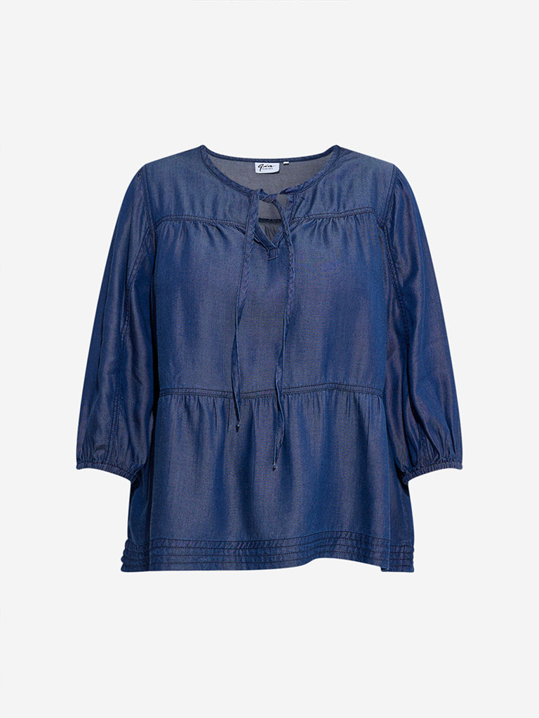 Westside Gia Women's Dark Blue Denim Peplum Top for Casual Wear Flatly View