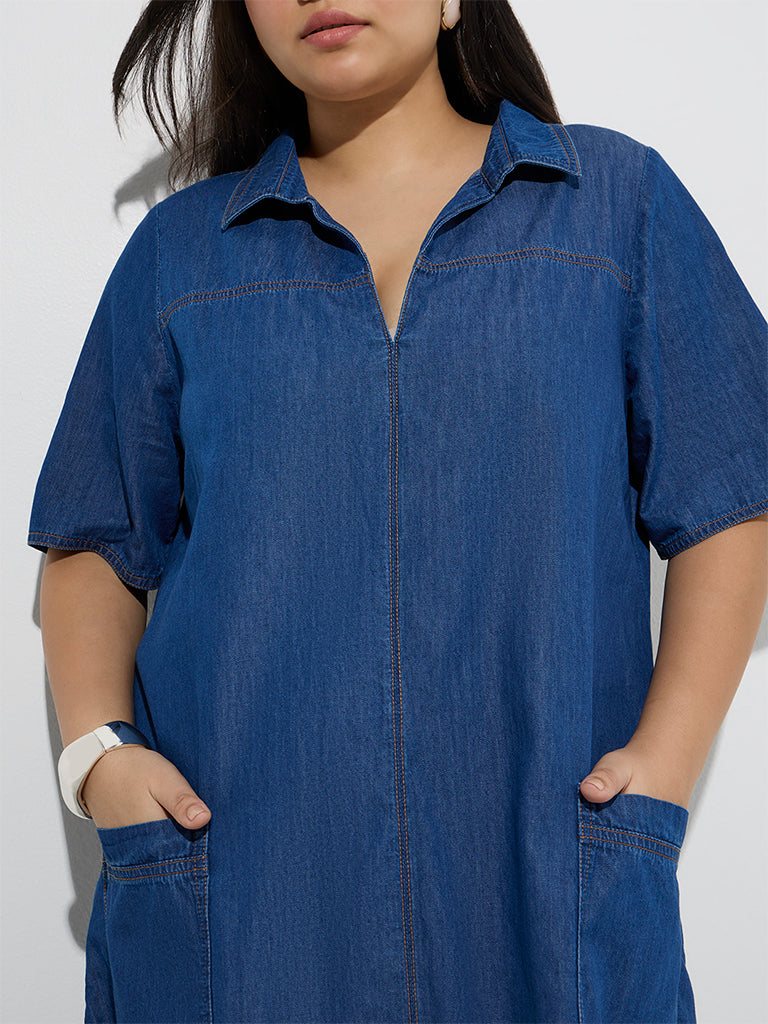 Westside Gia Women's Blue Denim A-Line Dress for Casual Wear Zoom View