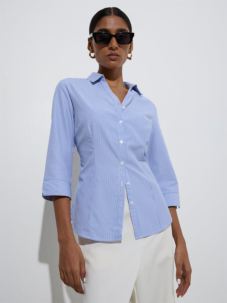 Westside Wardrobe Women's Blue Stripe Printed Shirt for Work Wear Front View