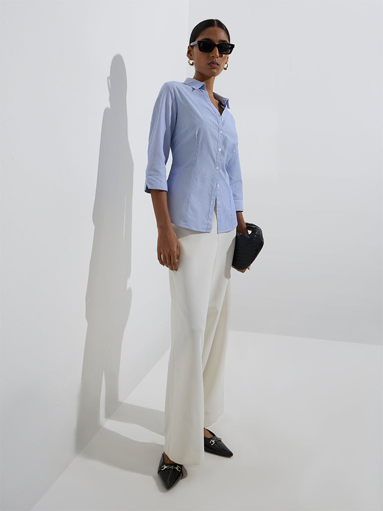 Westside Wardrobe Women's Blue Stripe Printed Shirt for Work Wear Full Model View