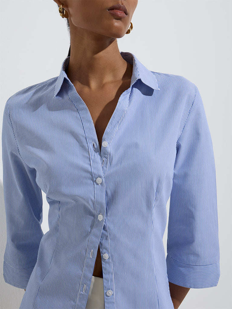 Westside Wardrobe Women's Blue Stripe Printed Shirt for Work Wear Zoom View