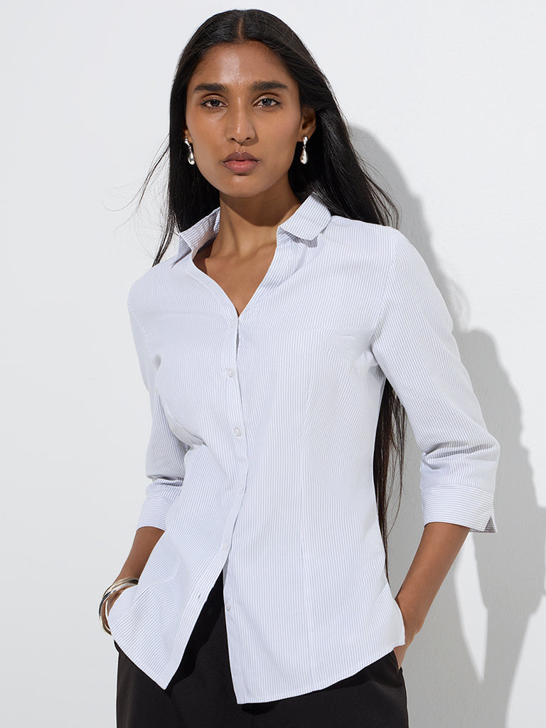 Westside Wardrobe Women's White Striped Shirt for Work Wear Front View