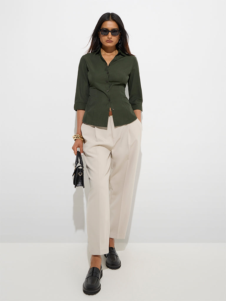 Westside Wardrobe Women's Olive Solid Shirt for Work Wear Full Model View