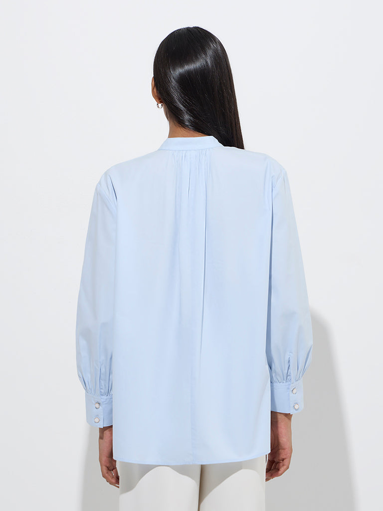 Westside Wardrobe Women's Light Blue Solid Blouse for Work Wear Back View