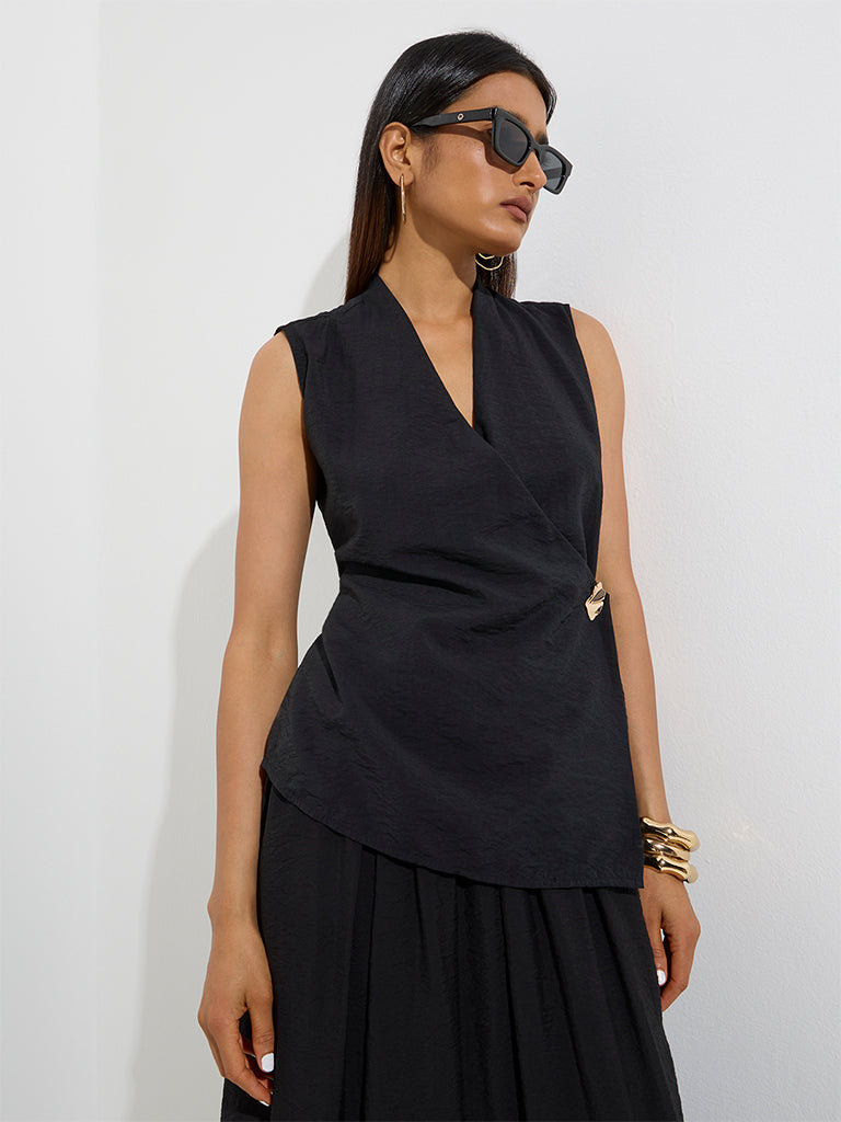 Westside Wardrobe Women's Black Wrap-Style Sleeveless Top for Work Wear Front View