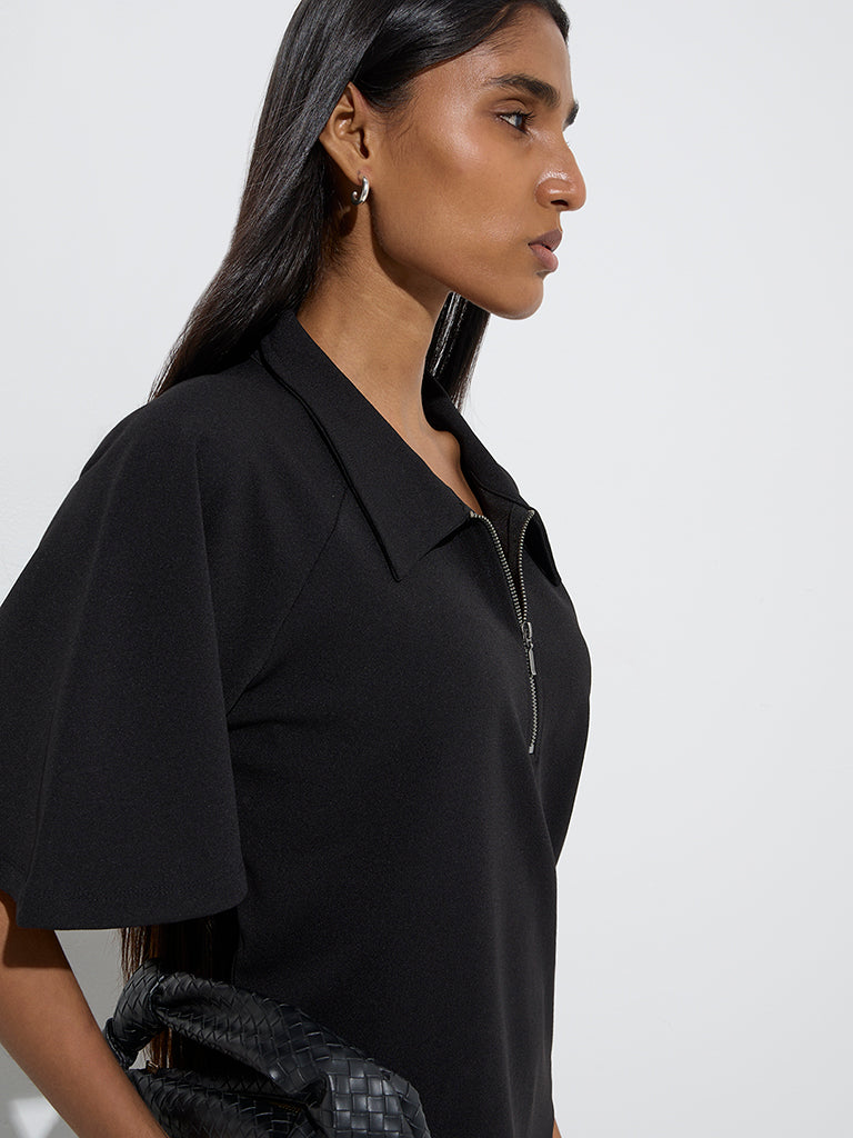 Westside Wardrobe Women's Black Solid Quarter-Zipper A-Line Dress for Work Wear Zoom View