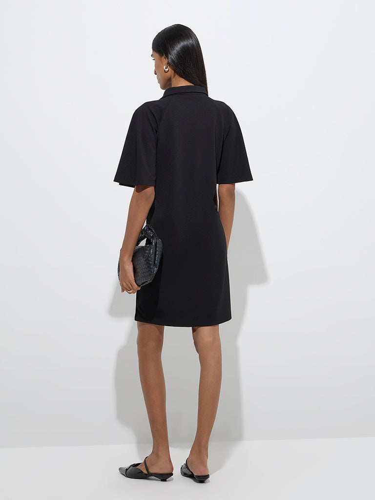 Westside Wardrobe Women's Black Solid Quarter-Zipper A-Line Dress for Work Wear Back View