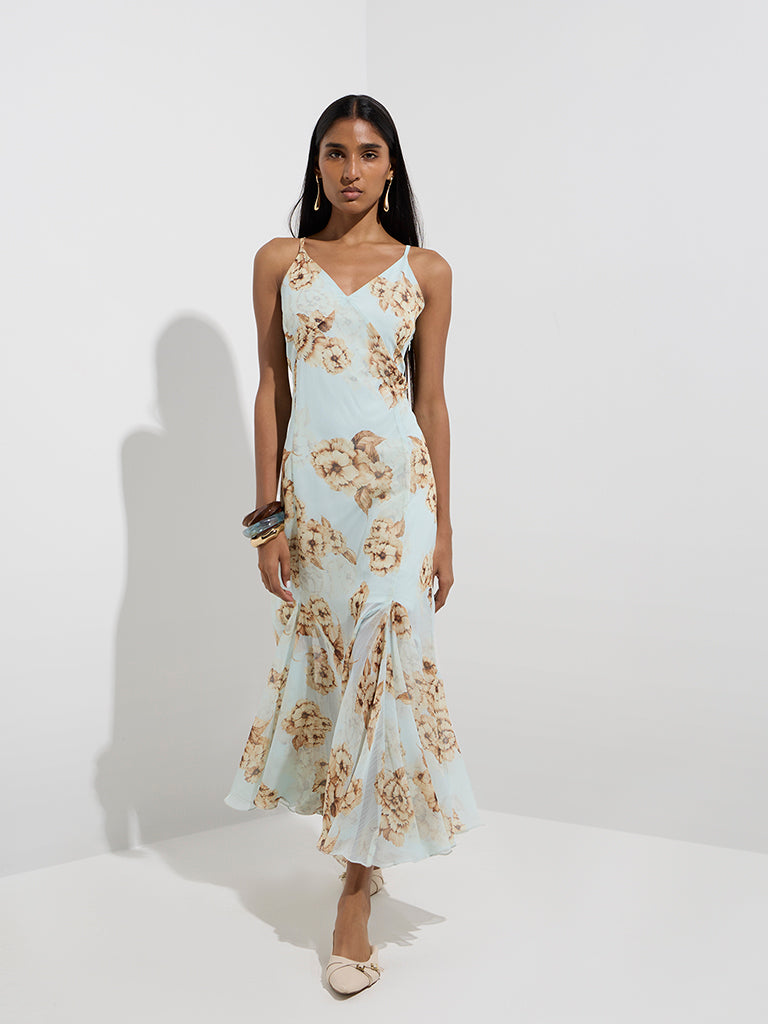 Westside Wardrobe Women's Light Blue Floral Design A-Line Dress for Work Wear Front View
