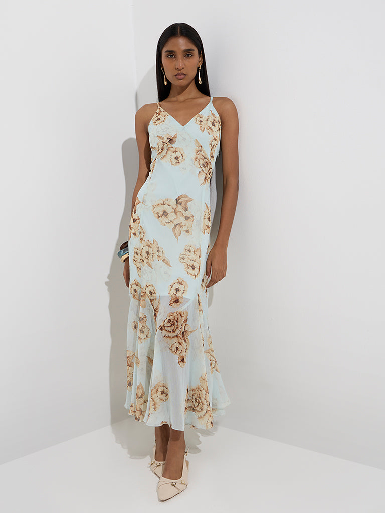 Westside Wardrobe Women's Light Blue Floral Design A-Line Dress for Work Wear Full Model View