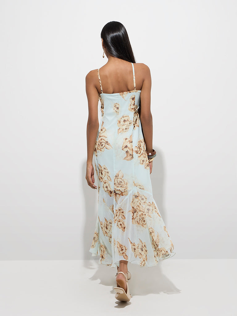 Westside Wardrobe Women's Light Blue Floral Design A-Line Dress for Work Wear Back View
