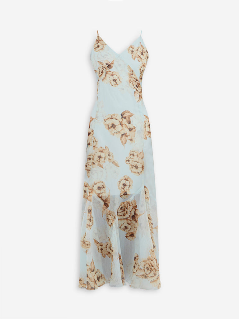 Westside Wardrobe Women's Light Blue Floral Design A-Line Dress for Work Wear Flatly View
