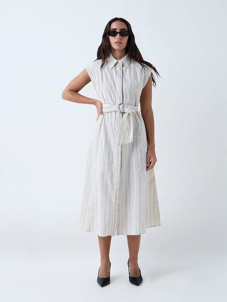 Westside Wardrobe Women's Off-White Stripe Cotton A-Line Dress with Belt for Work Wear Front View