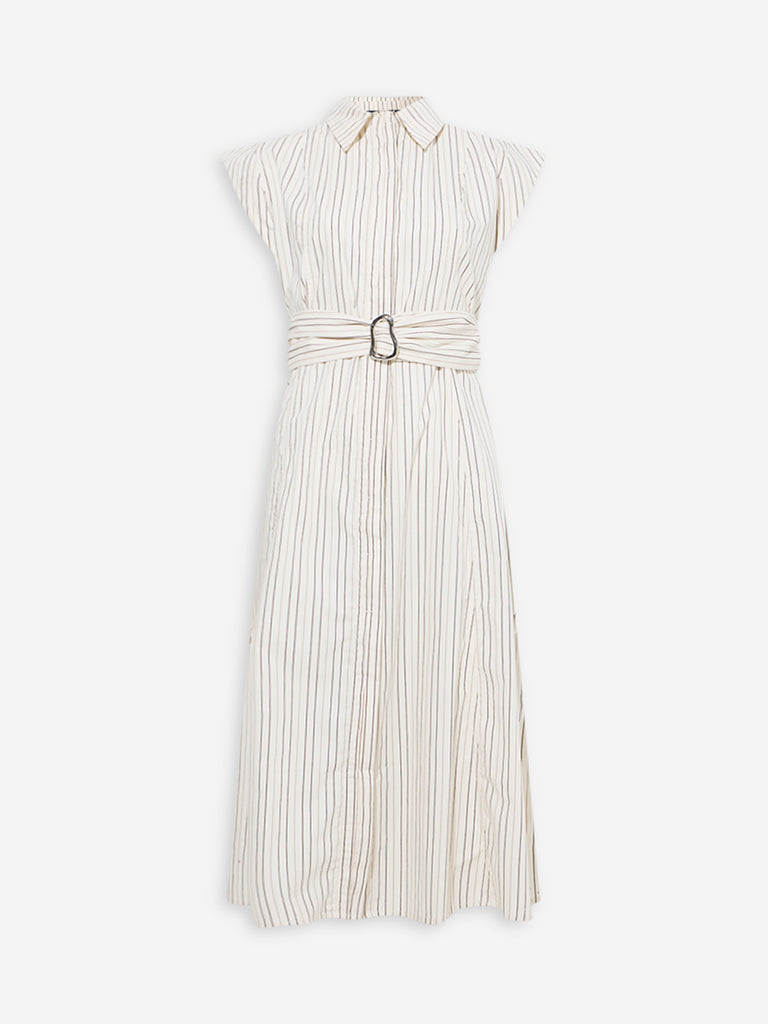 Westside Wardrobe Women's Off-White Stripe Cotton A-Line Dress with Belt for Work Wear Flatly View