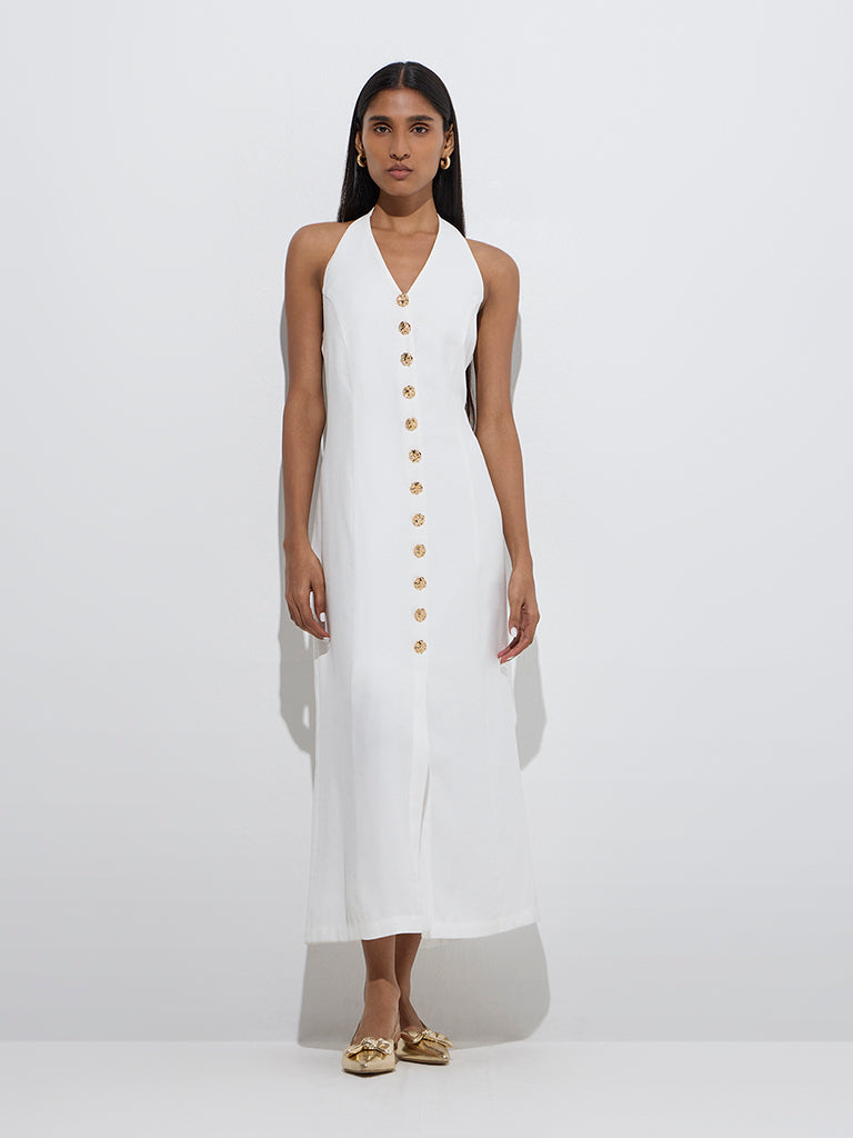 Westside Wardrobe Women's White Solid A-Line Dress for Work Wear Front View