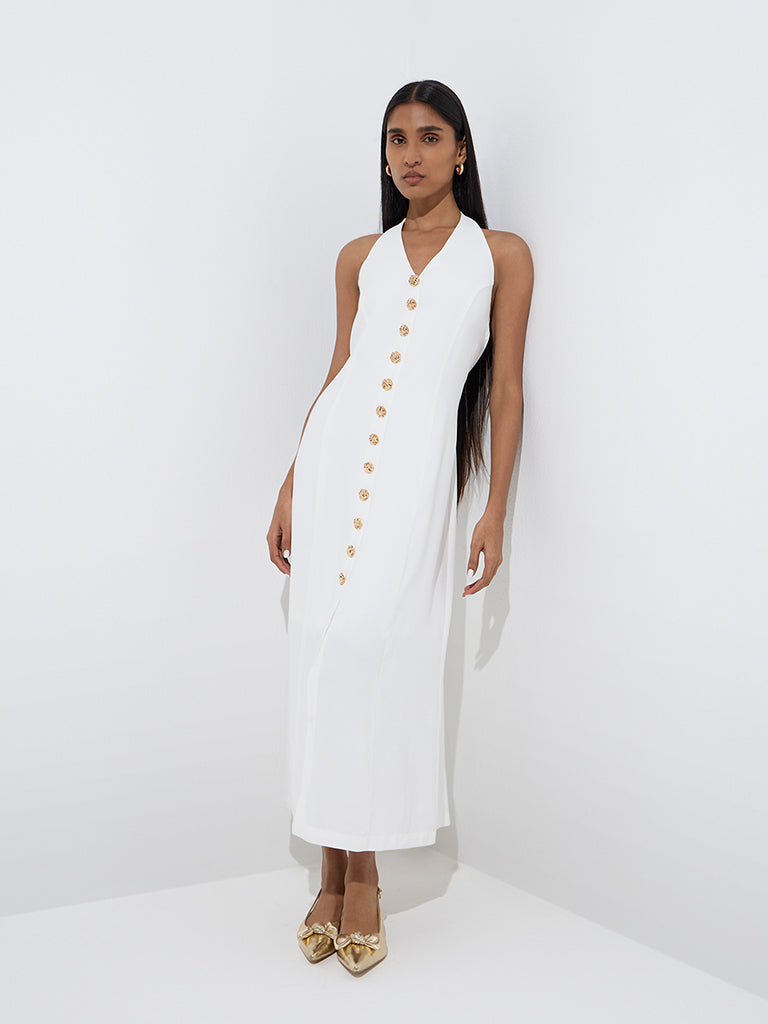 Westside Wardrobe Women's White Solid A-Line Dress for Work Wear Full Model View