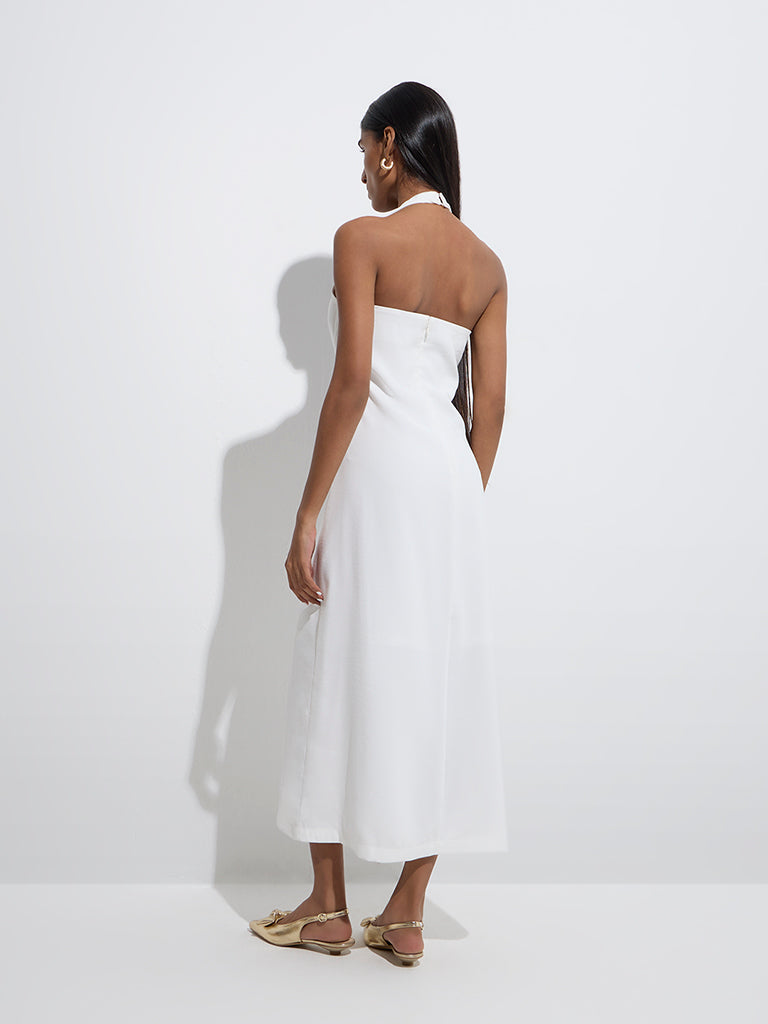 Westside Wardrobe Women's White Solid A-Line Dress for Work Wear Back View