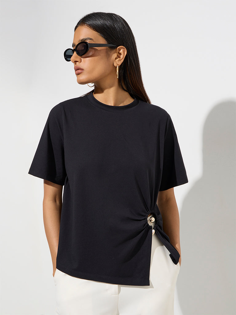 Westside Wardrobe Women's Black Metal-Detailed T-Shirt for Work Wear Front View