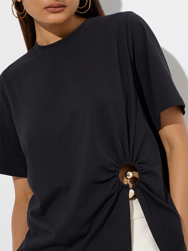 Westside Wardrobe Women's Black Metal-Detailed T-Shirt for Work Wear Zoom View
