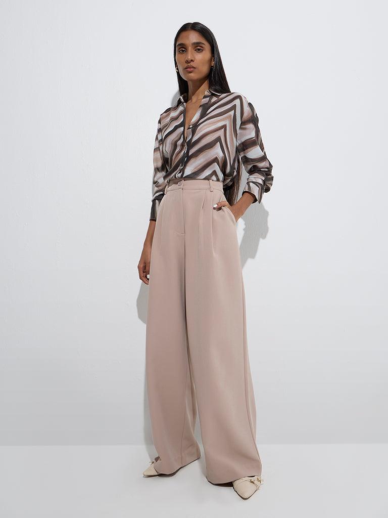 Westside Wardrobe Women's Taupe Solid Wide-Leg High-Rise Trousers for Work Wear Full Model View