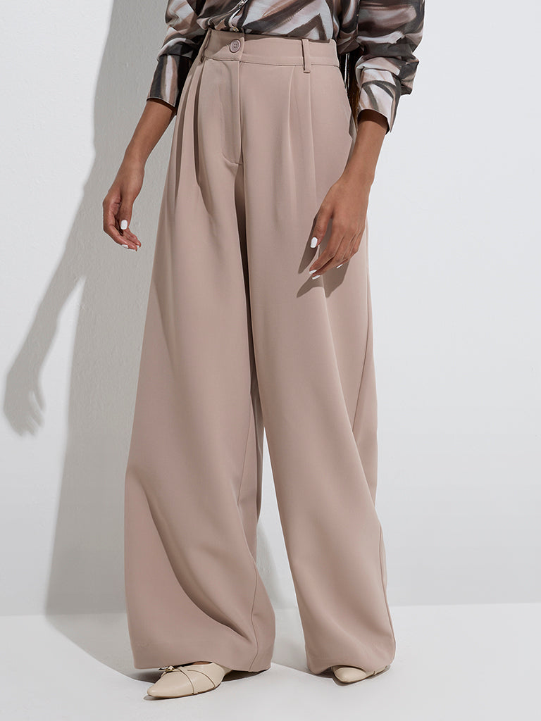 Westside Wardrobe Women's Taupe Solid Wide-Leg High-Rise Trousers for Work Wear Front View