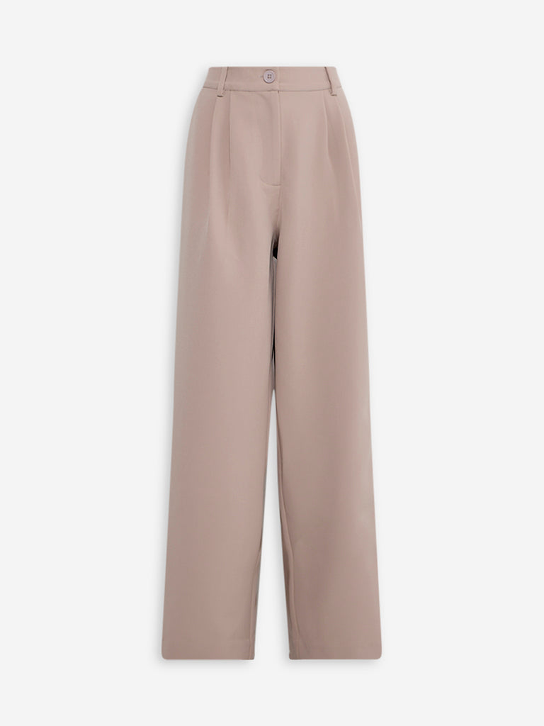 Westside Wardrobe Women's Taupe Solid Wide-Leg High-Rise Trousers for Work Wear Flatly View