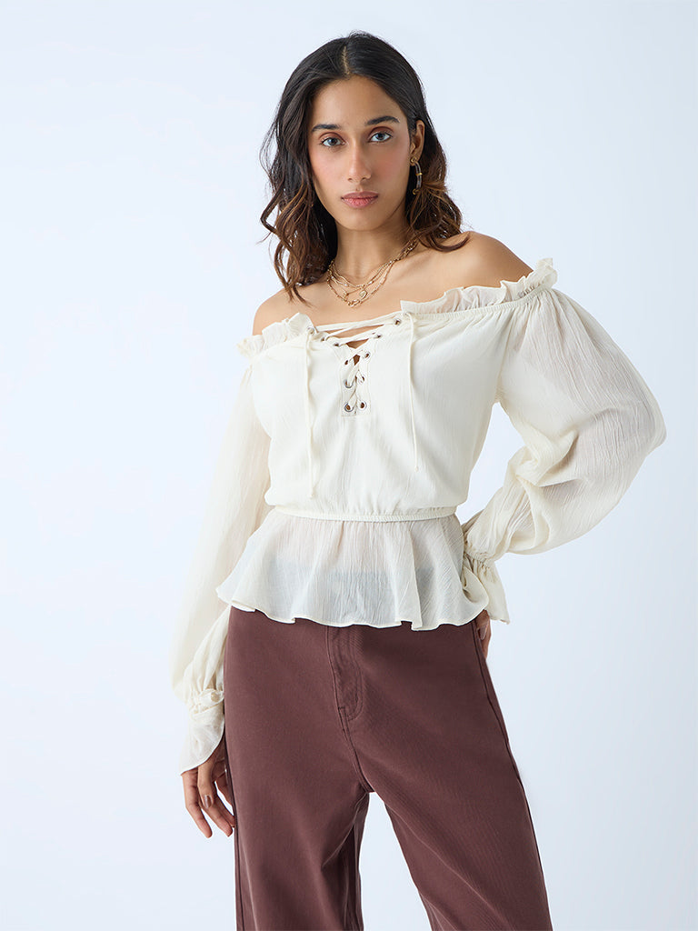 Westside LOV Women's Off-White Criss-Cross Detailed Top for Casual Wear Full View