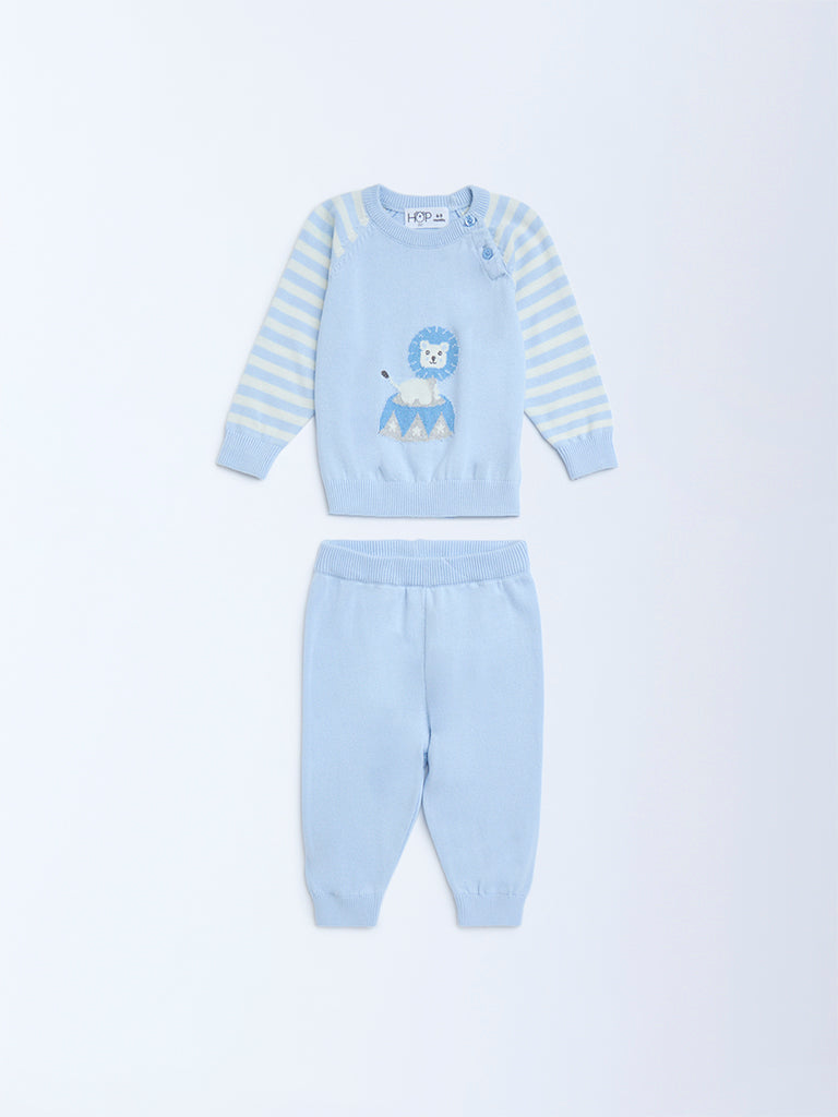 HOP Baby Blue Animal Design Cotton Sweater with Joggers Set