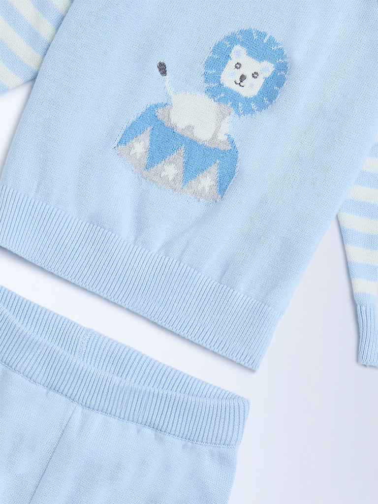 HOP Baby Blue Animal Design Cotton Sweater with Joggers Set
