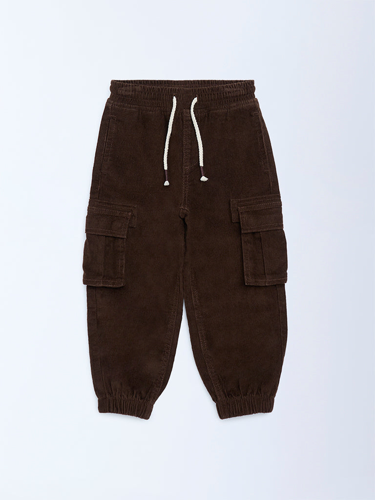 HOP Kids Boys Dark Brown Mid-Rise Corduroy Joggers