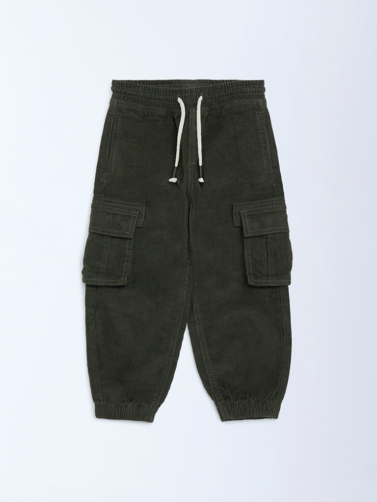HOP Kids Boys Olive Mid-Rise Corduroy Joggers