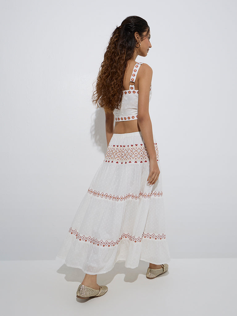 Buy Bombay Paisley White Embroidered Cotton Tiered Skirt