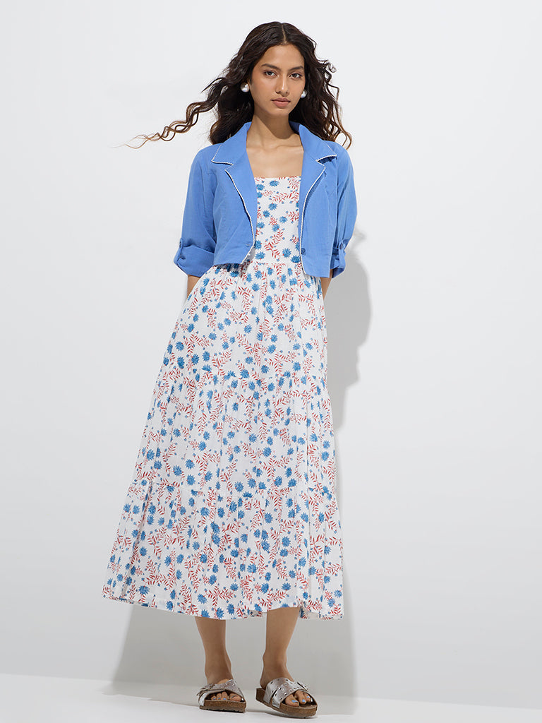 Westside Bombay Paisley Women's Blue Foliage Cotton Tiered Dress with Jacket for Everyday Front View