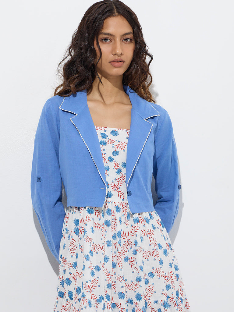 Westside Bombay Paisley Women's Blue Foliage Cotton Tiered Dress with Jacket for Everyday Zoom View