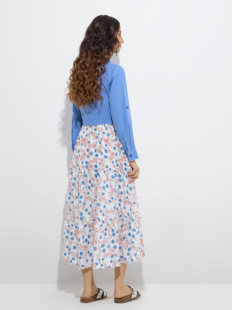 Westside Bombay Paisley Women's Blue Foliage Cotton Tiered Dress with Jacket for Everyday Back View