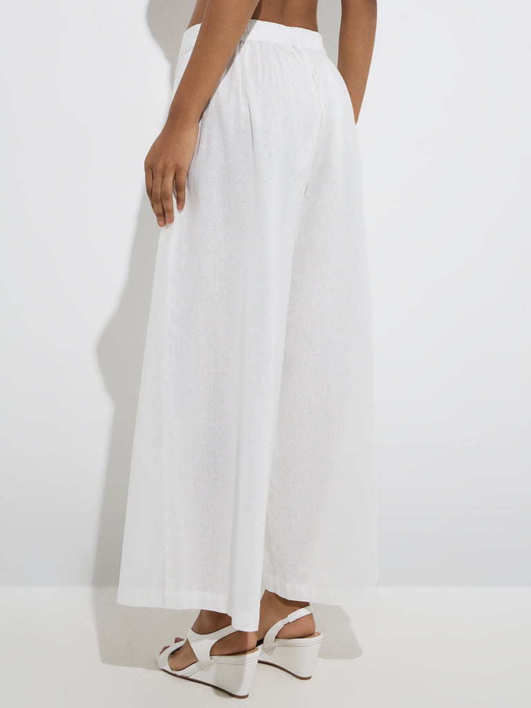 Westside Utsa Women's White Solid Cotton Palazzos for Everyday Back View
